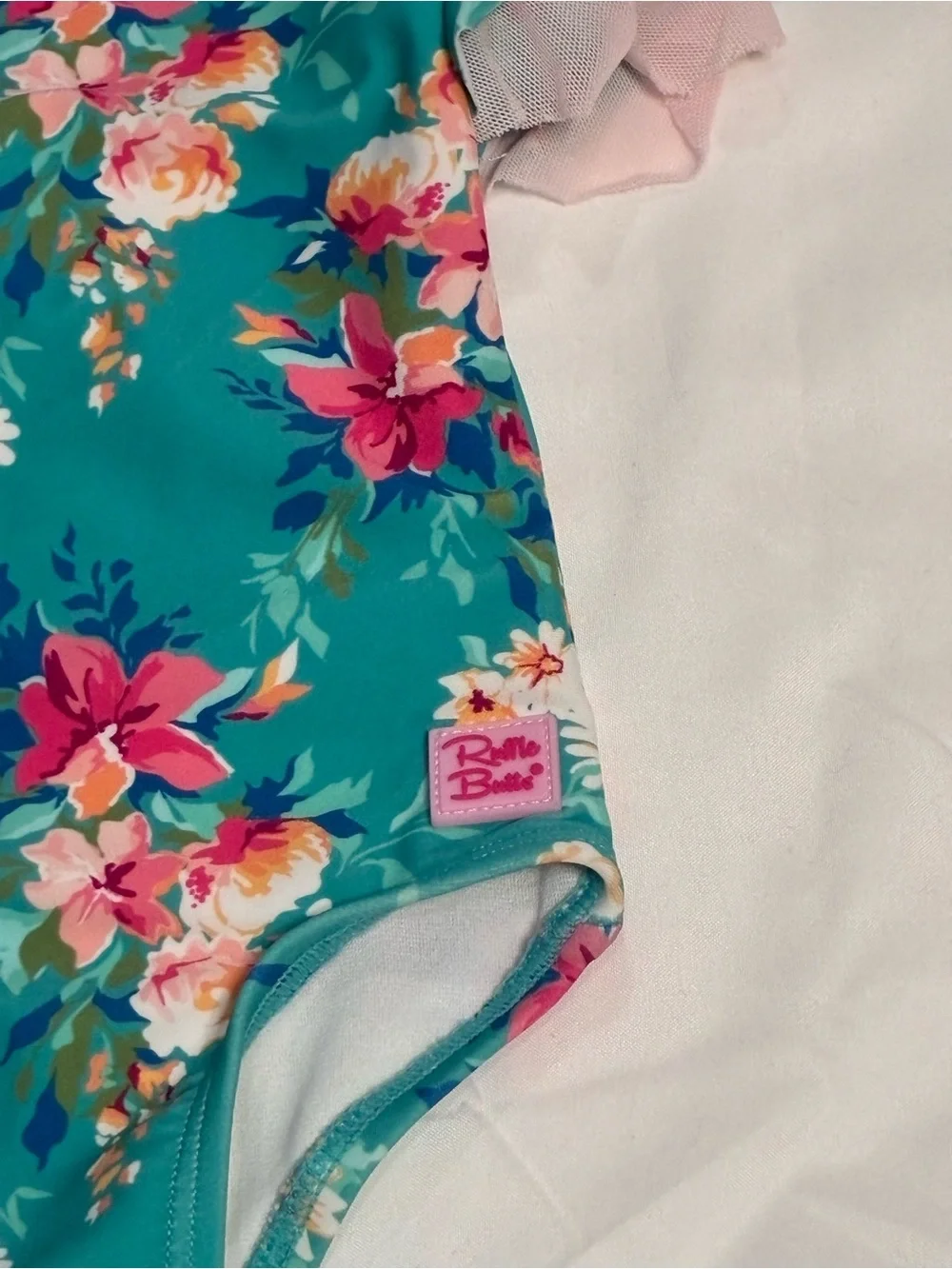 RuffleButts 3-6M Floral Ruffle One Piece Swimsuit Bow Teal Pink Baby Girl